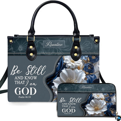 Bible verse purse and matching wallet featuring inspirational scripture and sculpted floral blossoms.