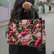Outdoor presentation of pink holiday pattern artwork with holly leaves and snowflakes