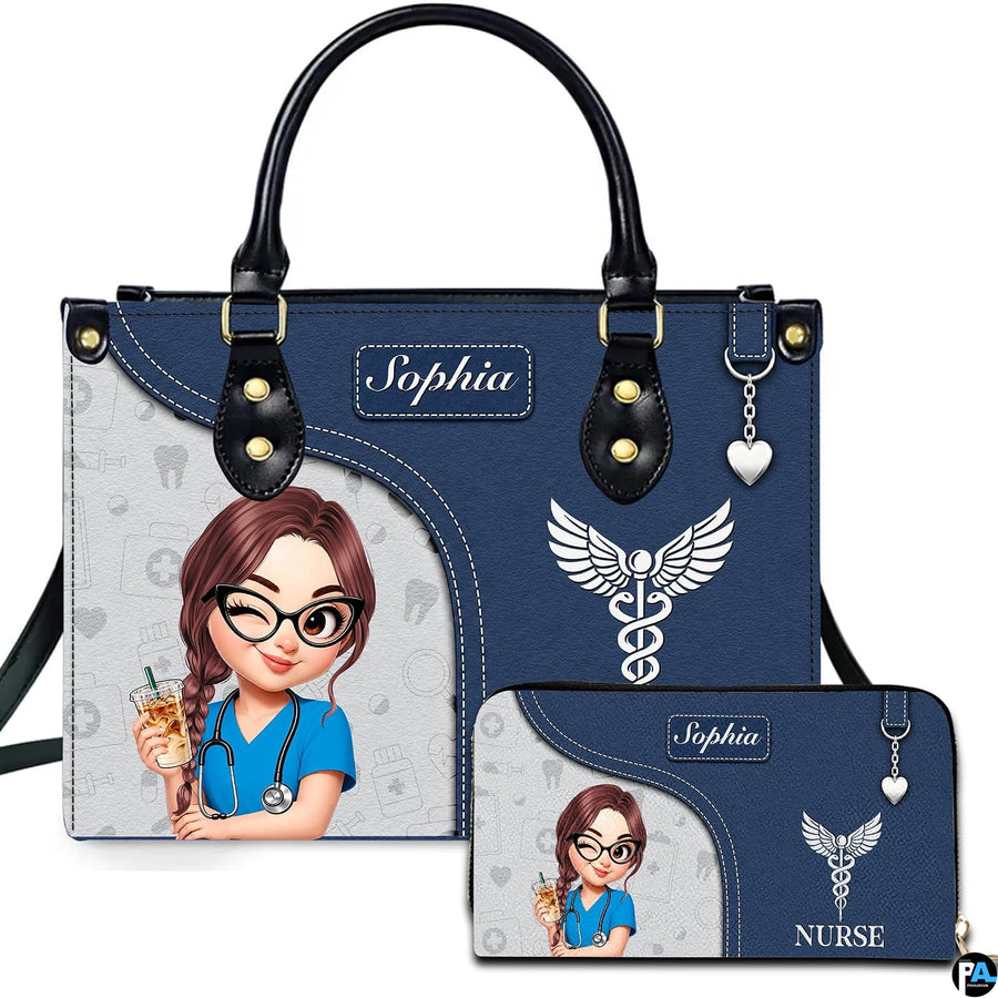 Chibi winking nurse handbag and matching wallet set displayed upright on white background.