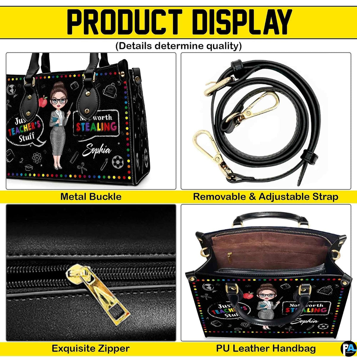 Lifestyle model display showing the chalkboard teacher handbag carried over the shoulder.