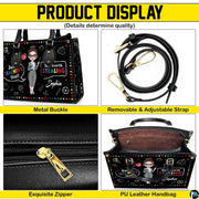 Lifestyle model display showing the chalkboard teacher handbag carried over the shoulder.