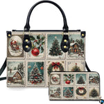 Vintage Christmas stamp collage handbag and matching wallet set featuring nostalgic holiday postal art.