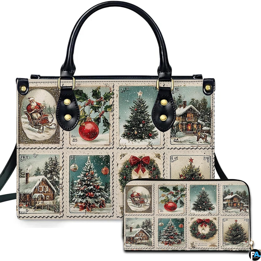 Vintage Christmas stamp collage handbag and matching wallet set featuring nostalgic holiday postal art.