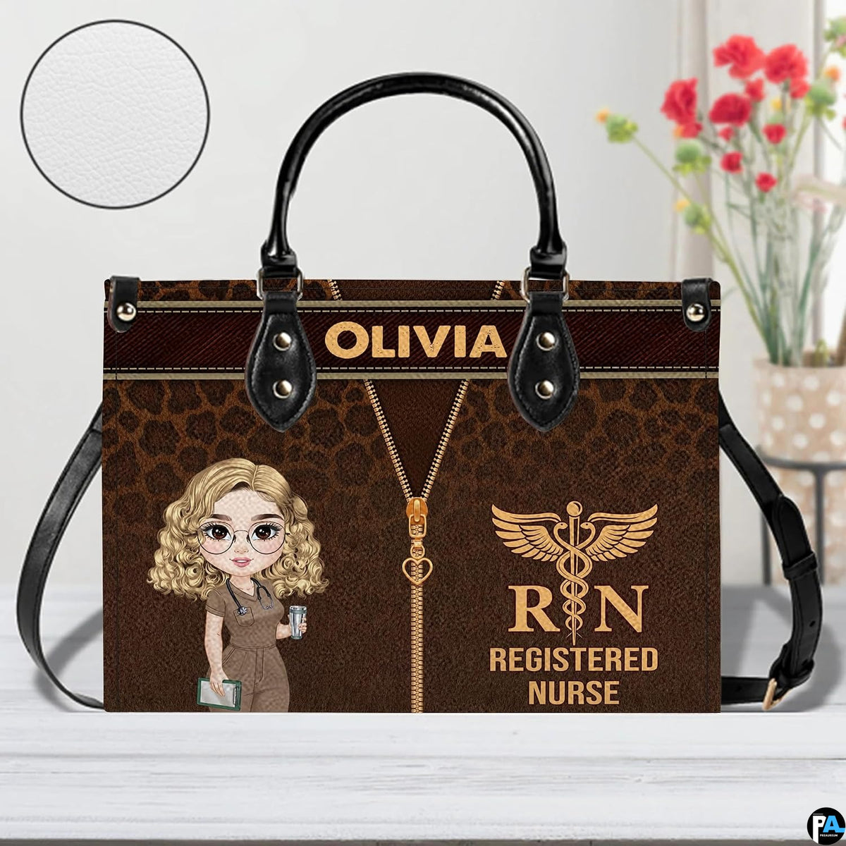 Chibi blonde nurse leopard handbag held outdoors showing visual scale against street setting.