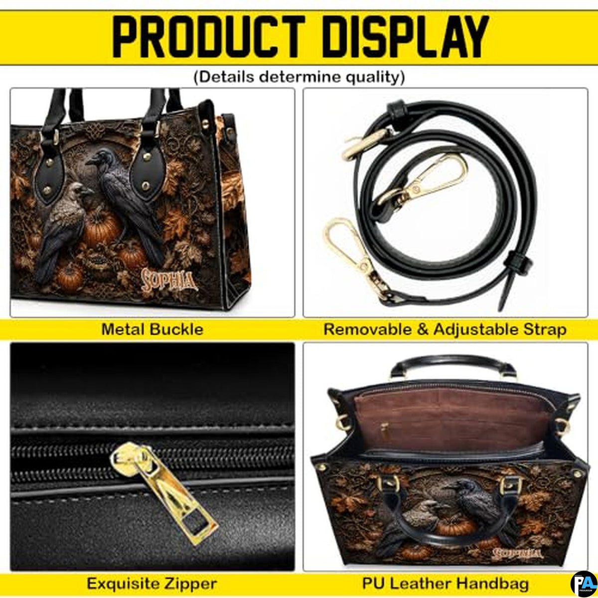 Personalized Halloween Gothic Leather Handbag Custom Raven Black Cat Purse Dark Fantasy Shoulder Bag Gift for Women