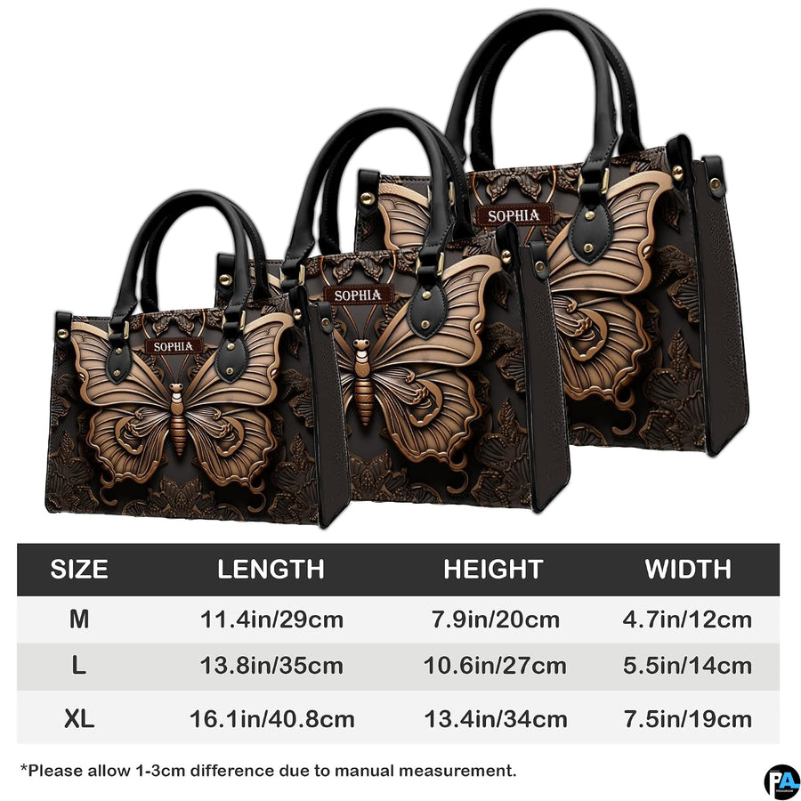 Dimension measurement chart showing medium, large, and extra-large options for the butterfly handbag.