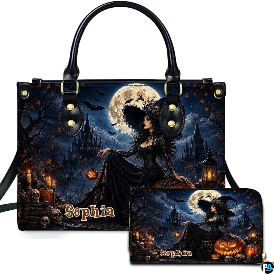 Personalized Bat Pumpkin Woman with a witch. Handbag