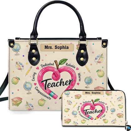 Pencil heart teacher art depicting a looping pink pencil apple and watercolor school supplies on companion items.