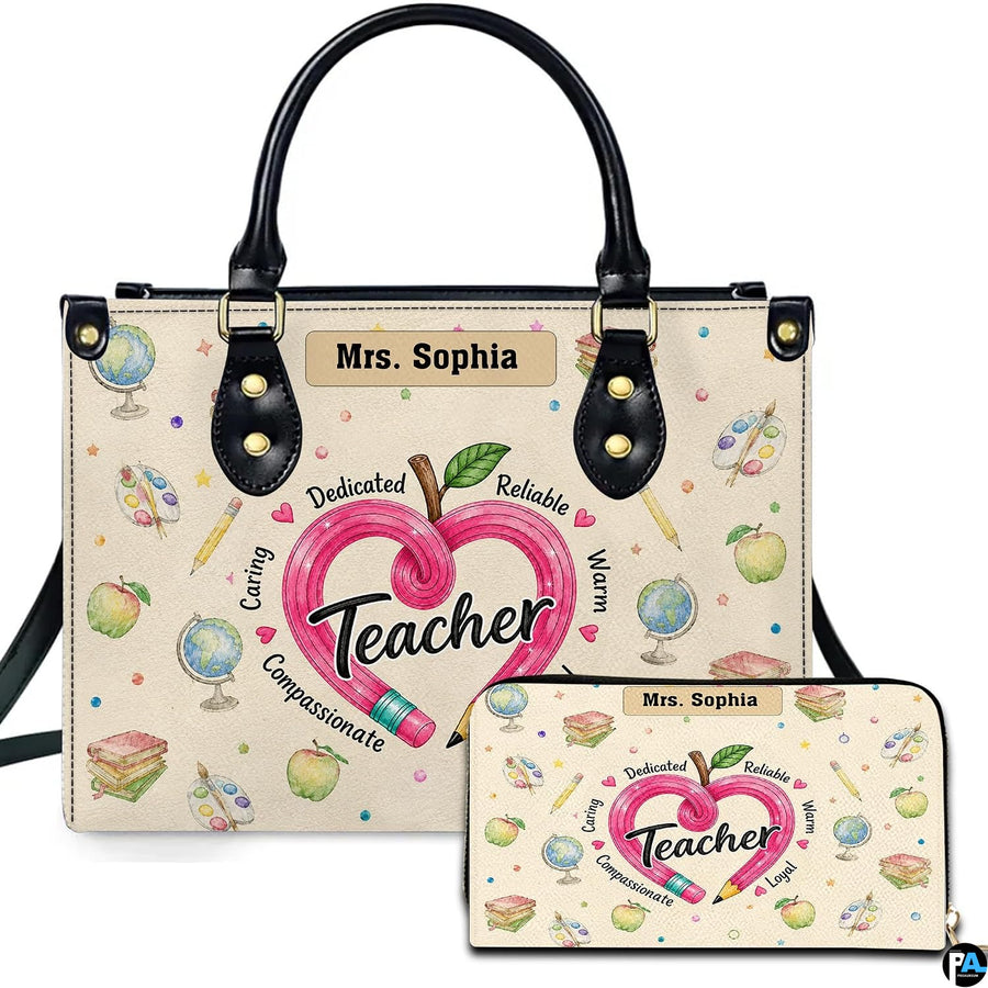Pencil heart teacher art depicting a looping pink pencil apple and watercolor school supplies on companion items.