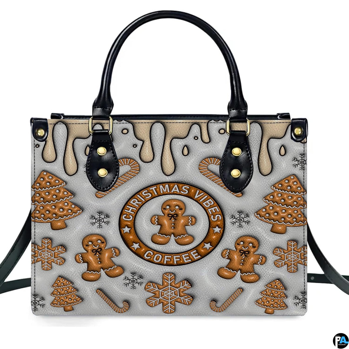 Back view highlighting repeating gingerbread treats and dripping confectionery graphics.