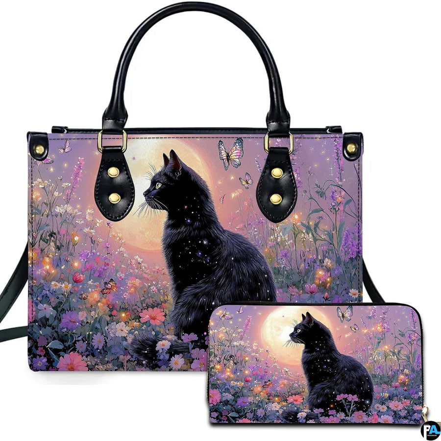 Studio presentation showing black cat butterfly artwork alongside matching companion accessory on white surface.