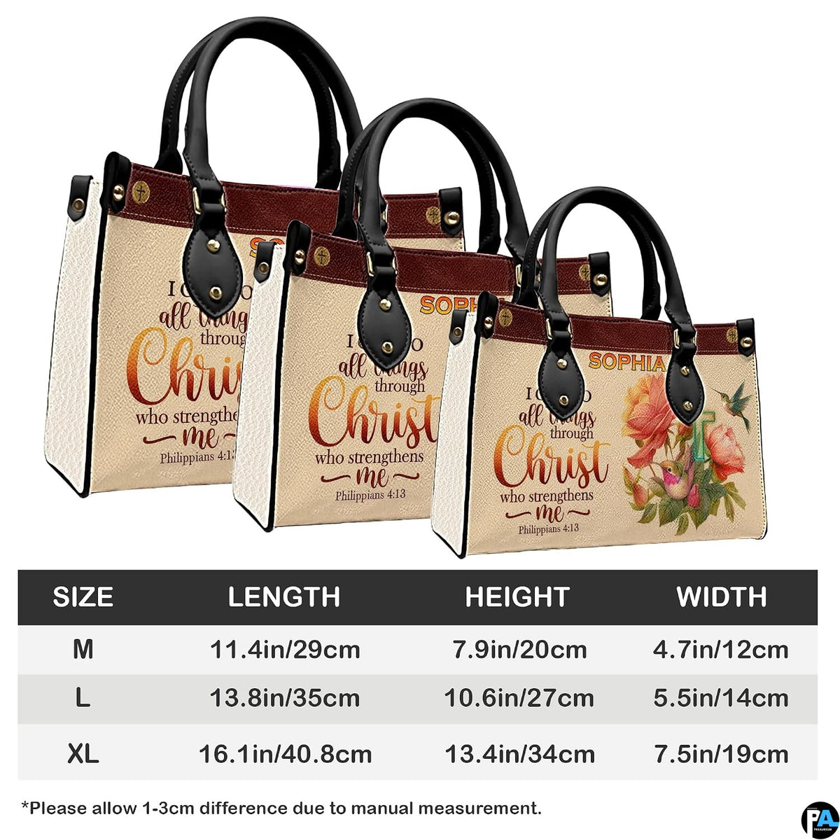 Proportions diagram outlining measurements across medium, large, and extra-large handbag choices.