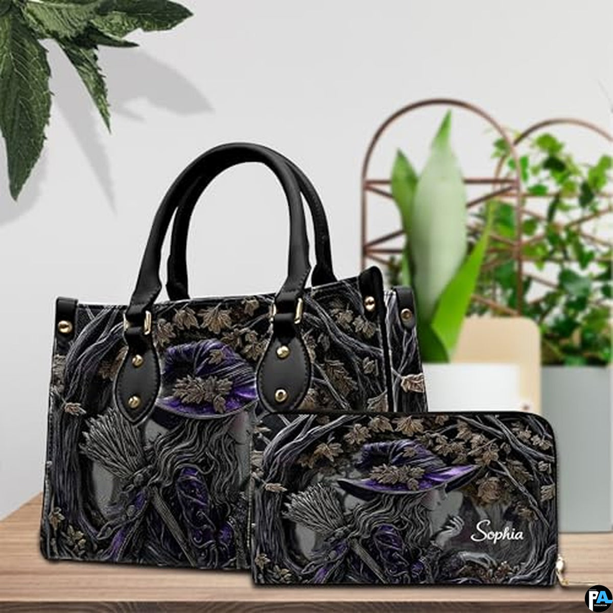 Personalized Halloween Leather Handbag – Custom Witch 3D Printing Effect Purses For Women – Spooky Gothic Shoulder Bag