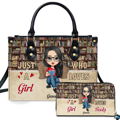 Front view of library bookshelf handbag and companion wallet featuring reading girl artwork.