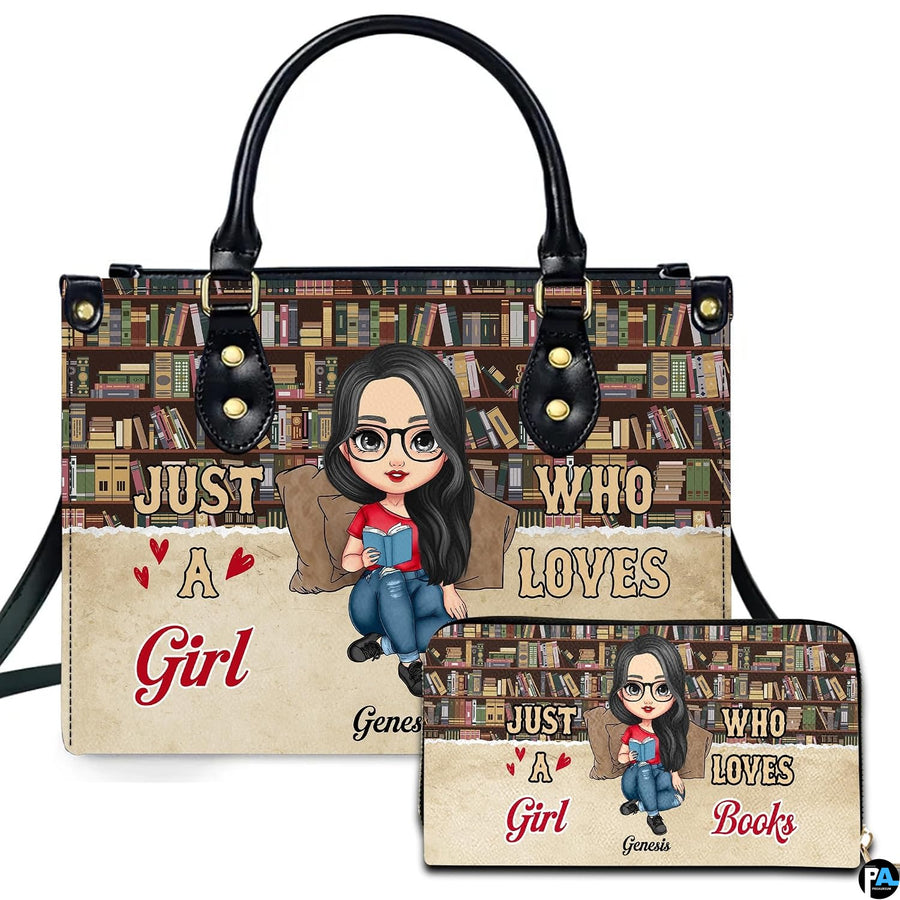 Front view of library bookshelf handbag and companion wallet featuring reading girl artwork.