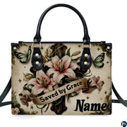 Side profile view of structured Easter lily wooden cross handbag.