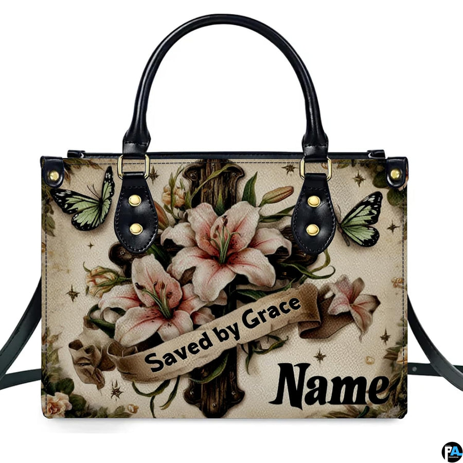 Side profile view of structured Easter lily wooden cross handbag.
