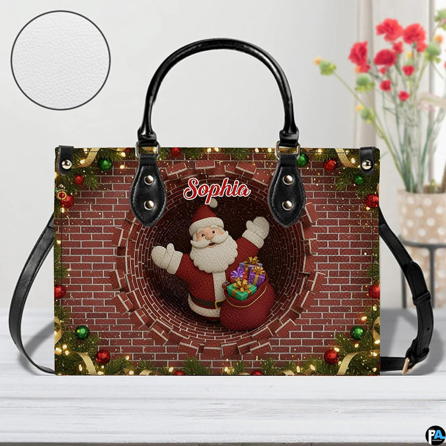 Interior compartment view of holiday chimney handbag displaying inner lining and open storage space.
