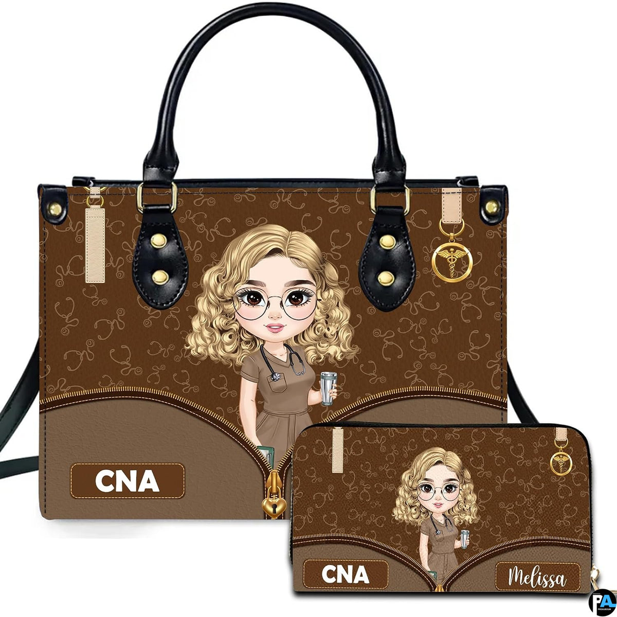 Chibi nursing assistant handbag and matching wallet set displayed upright on white background.