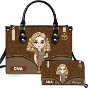Chibi nursing assistant handbag and matching wallet set displayed upright on white background.
