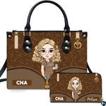 Chibi nursing assistant handbag and matching wallet set displayed upright on white background.