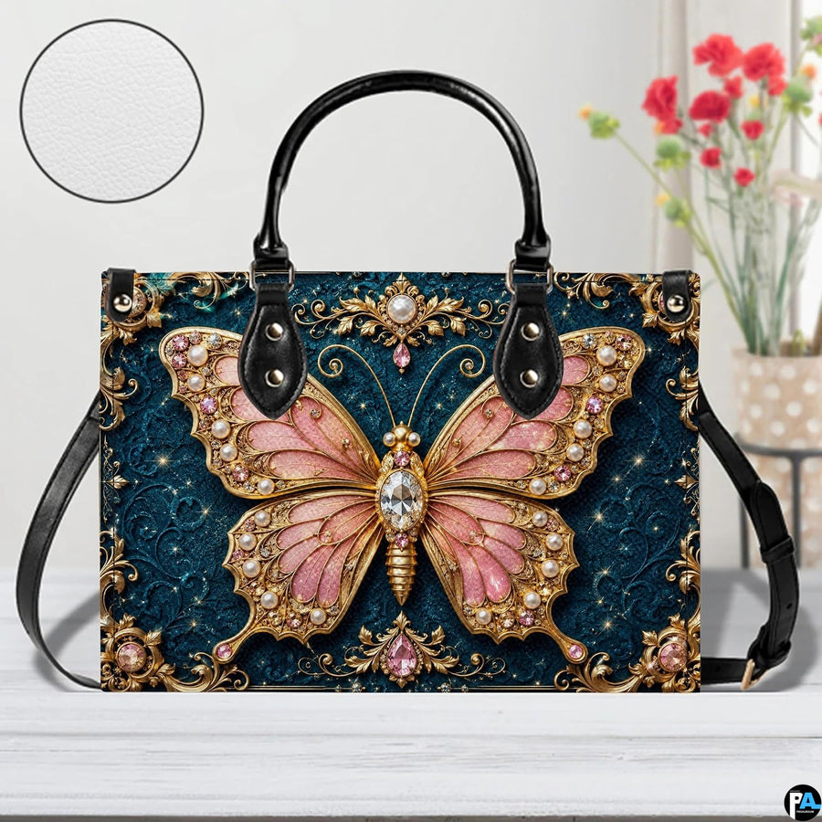 Front tabletop presentation of baroque teal butterfly artwork placed beside floral vase and circular texture inset.