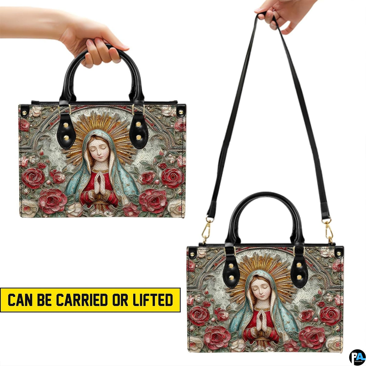 Handbag carrying style infographic showing top handle and shoulder strap usage.
