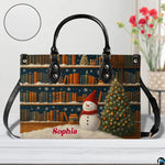 Front view of holiday bookshelf handbag in home setting with surface texture inset
