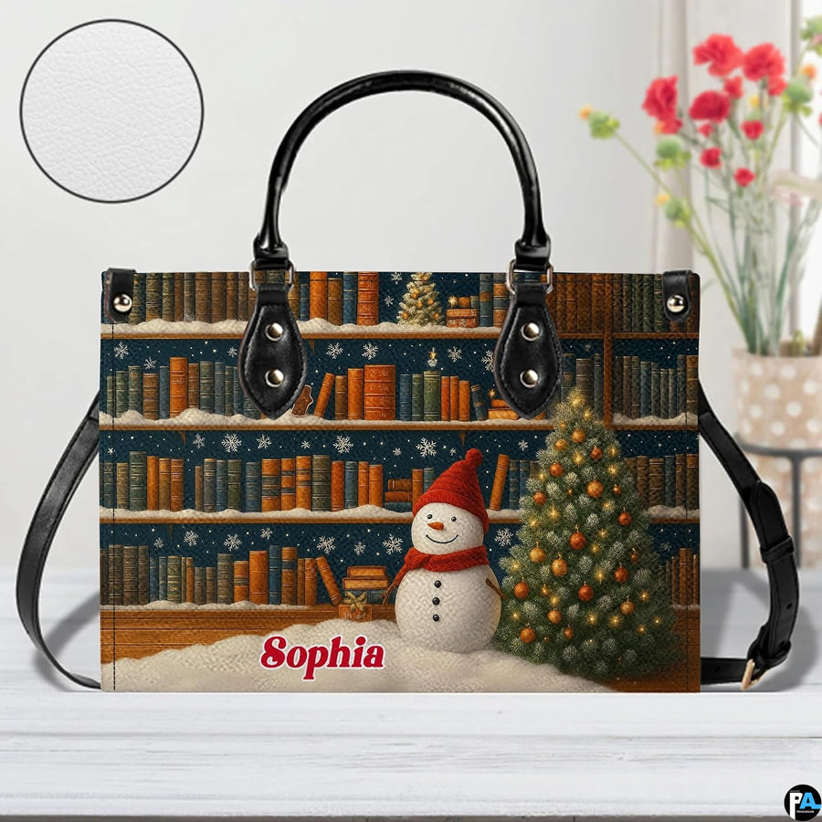 Front view of holiday bookshelf handbag in home setting with surface texture inset