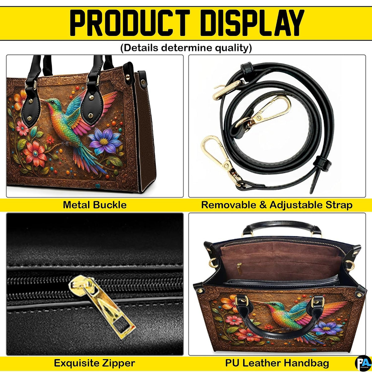 Product display overview highlighting removable shoulder strap, zipper detail, and interior layout.