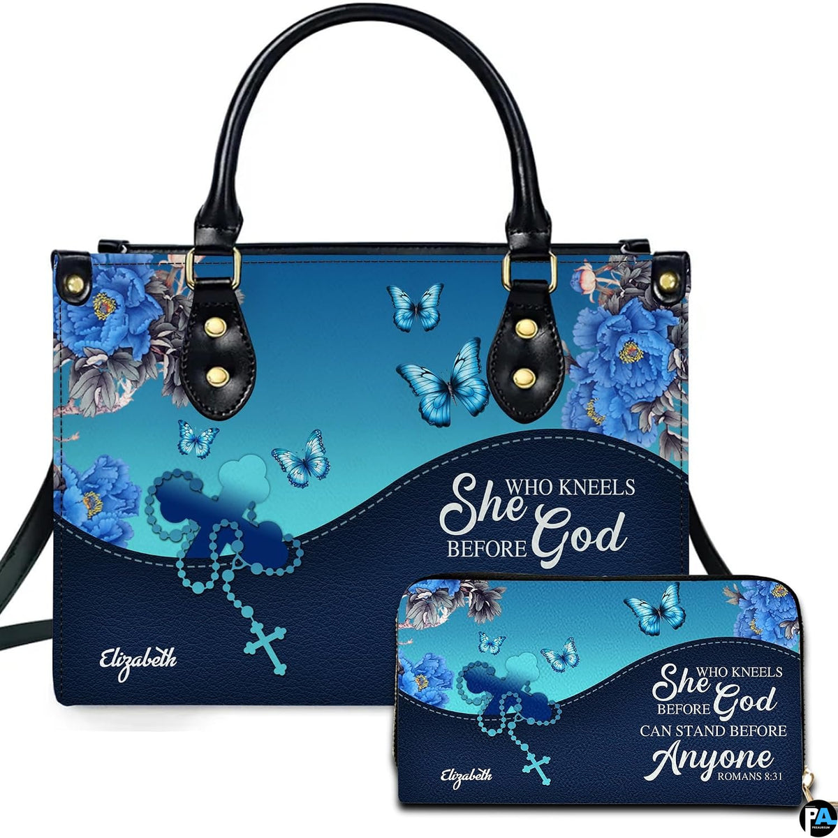 Blue peony blossoms, turquoise butterflies, and rosary cross artwork on navy gradient with companion accessory item.