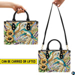 Angled display of turquoise mosaic bird purse paired with coordinating zippered companion wallet.