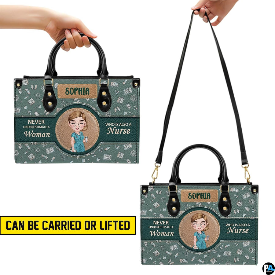 Side profile view of handbag showcasing continuous sage green medical pattern