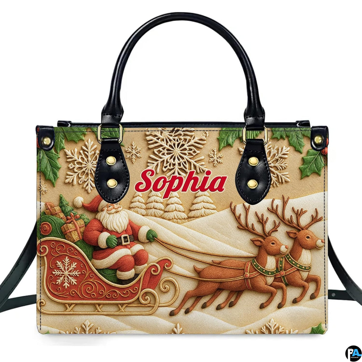 Front view of holiday handbag featuring carved bas-relief artwork of Santa in sleigh with reindeer