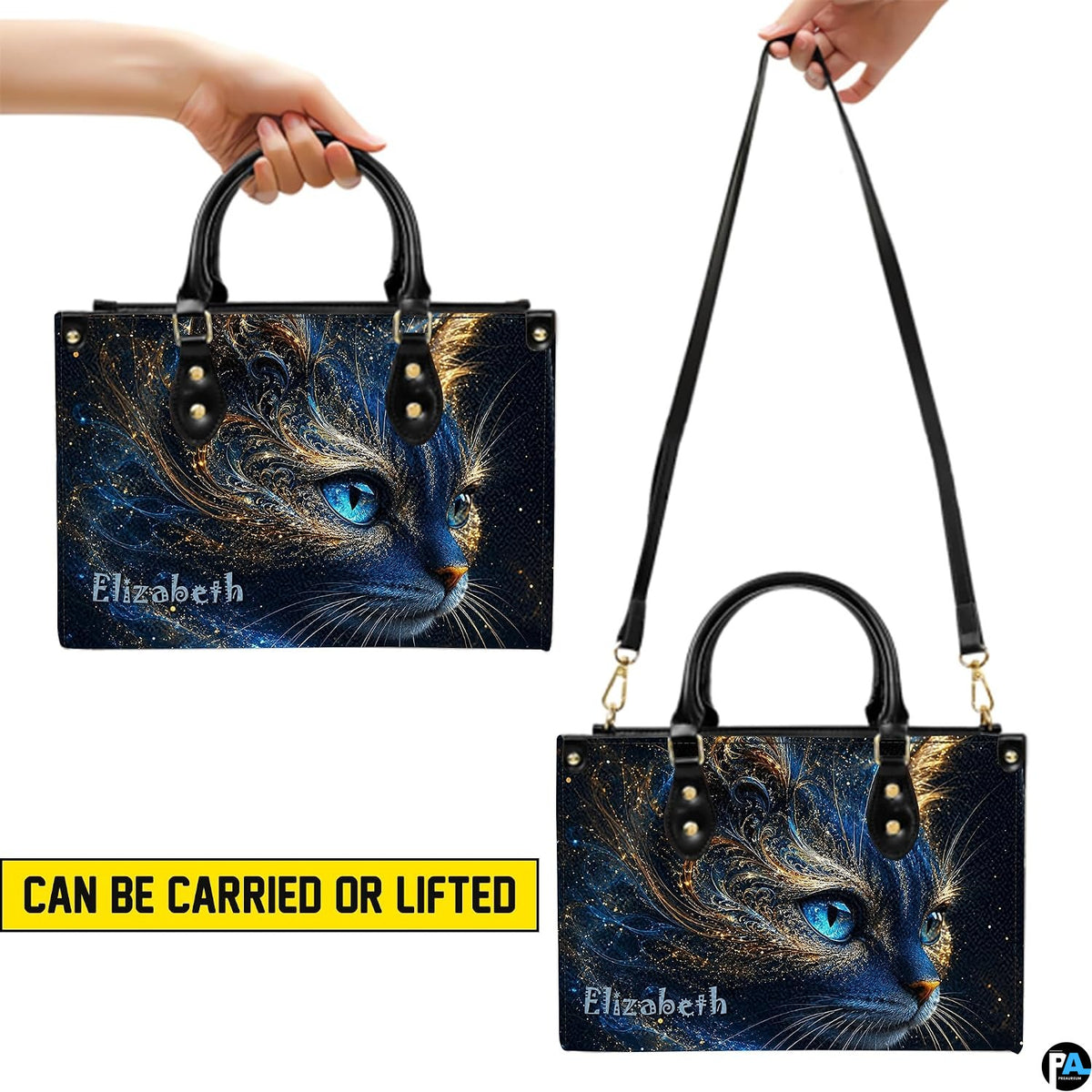 Demonstration graphic illustrating versatile holding methods for the cosmic blue cat artwork.