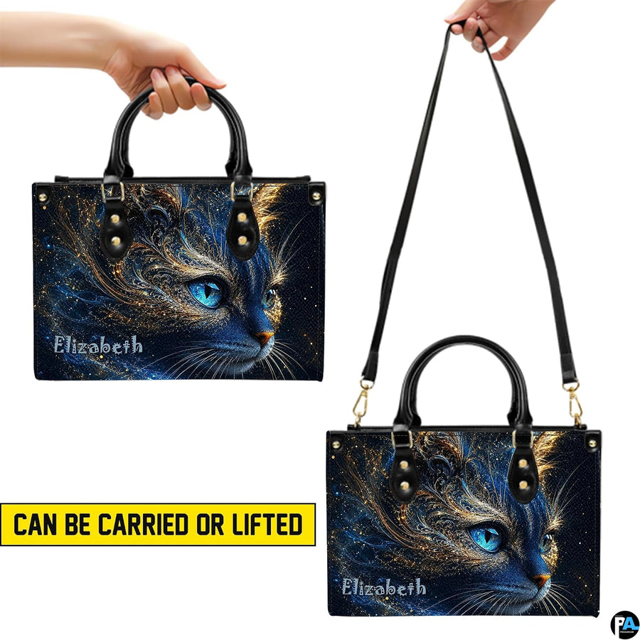 Demonstration graphic illustrating versatile holding methods for the cosmic blue cat artwork.