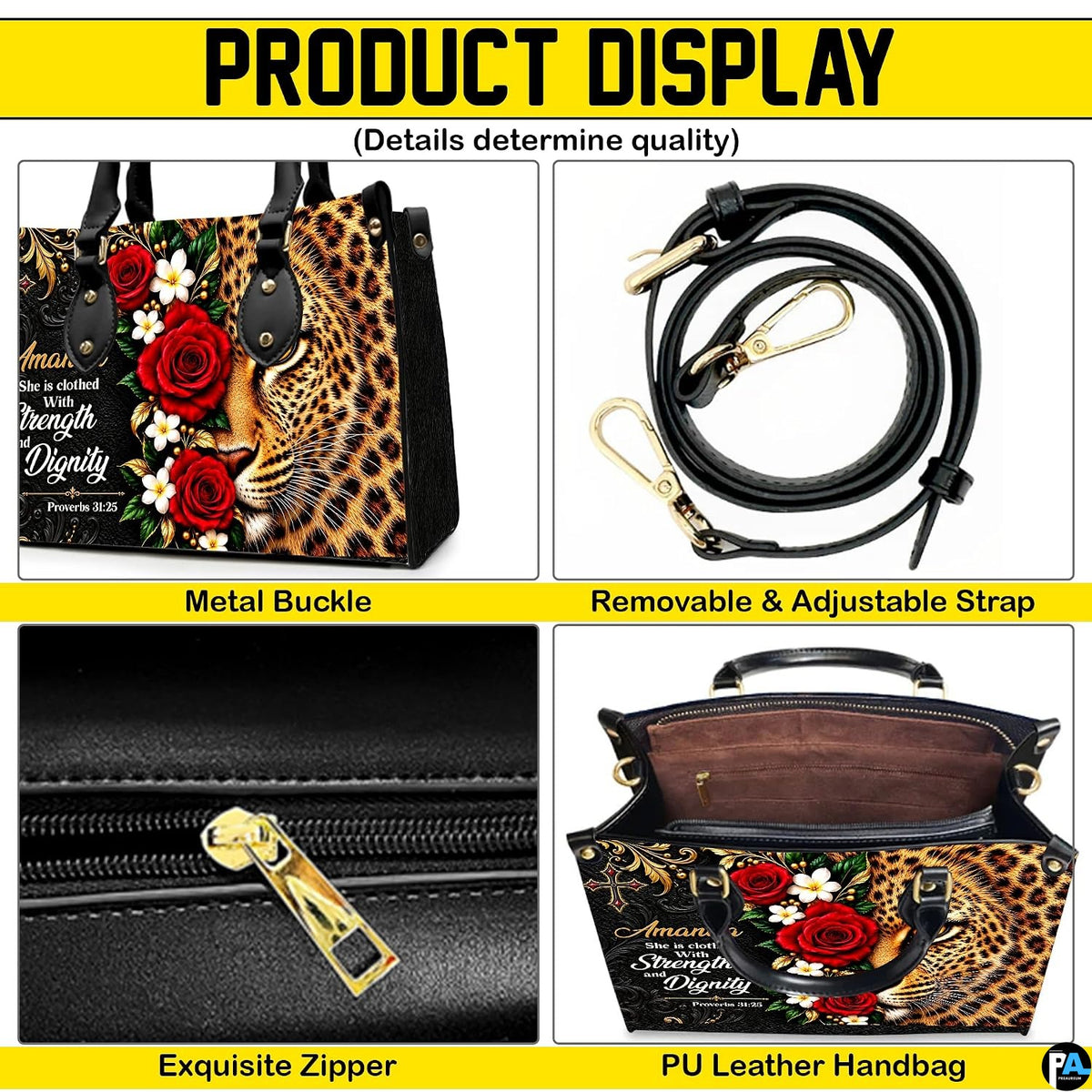 Four-panel showcase illustrating design details, hardware, and interior layout.