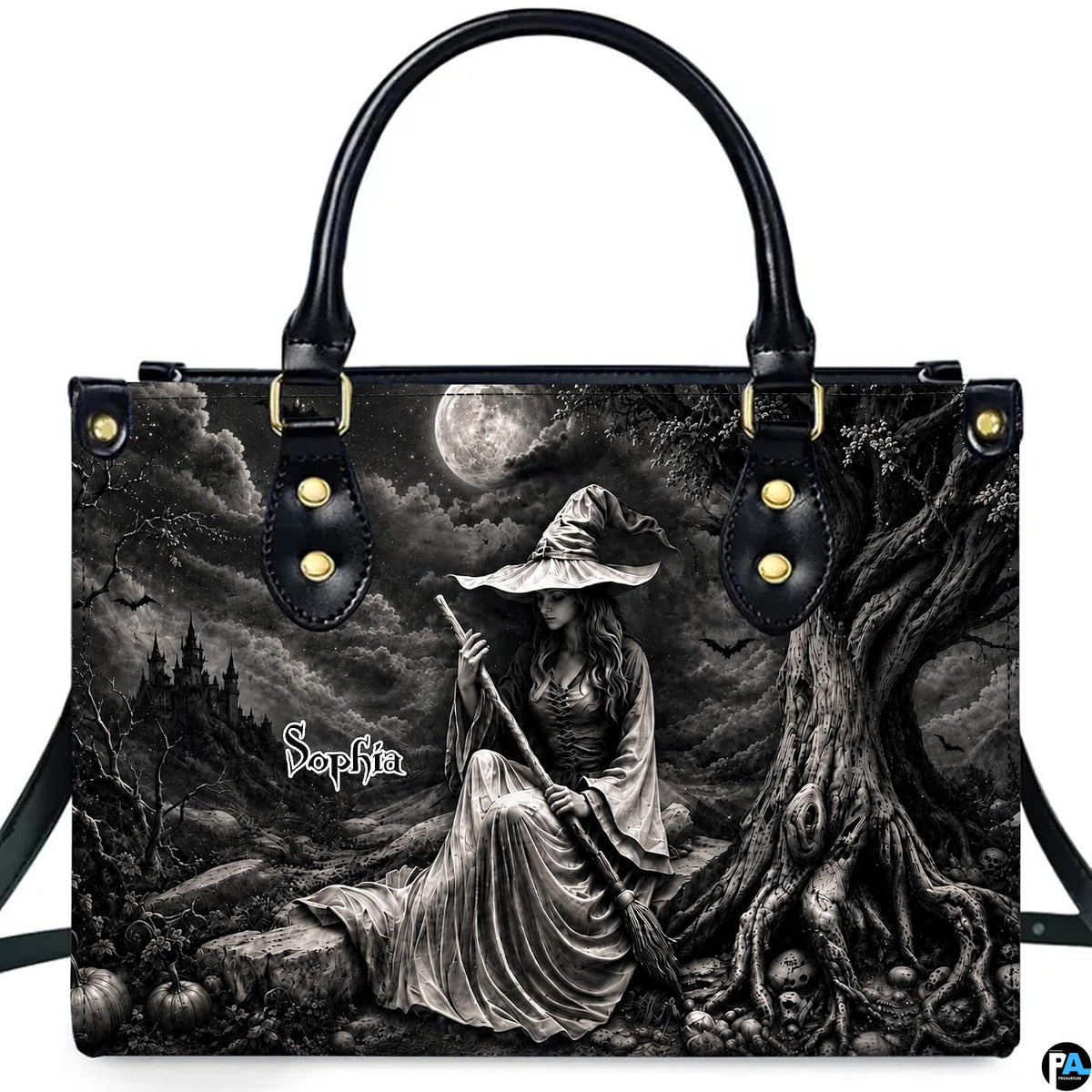 Lifestyle presentation highlighting the high-contrast monochrome gothic sorceress and full moon design.