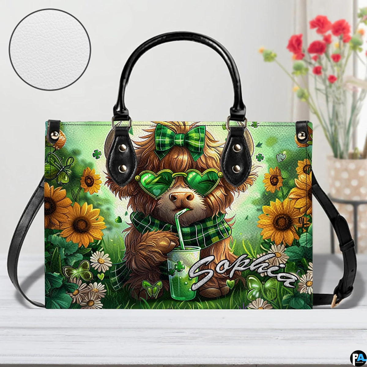 Front view of St. Patrick cow illustration on white display surface with circular inset