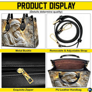 Product display overview showing shoulder strap, zipper top closure, metal buckle details, and interior.