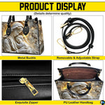 Product display overview showing shoulder strap, zipper top closure, metal buckle details, and interior.
