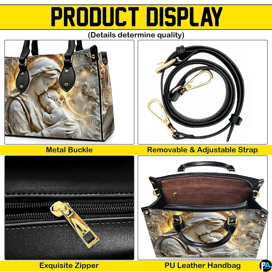 Product display overview showing shoulder strap, zipper top closure, metal buckle details, and interior.
