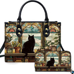 Studio presentation of library cat stained glass artwork beside matching rectangular companion accessory.