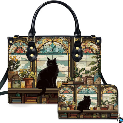 Studio presentation of library cat stained glass artwork beside matching rectangular companion accessory.