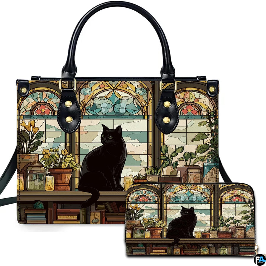 Studio presentation of library cat stained glass artwork beside matching rectangular companion accessory.