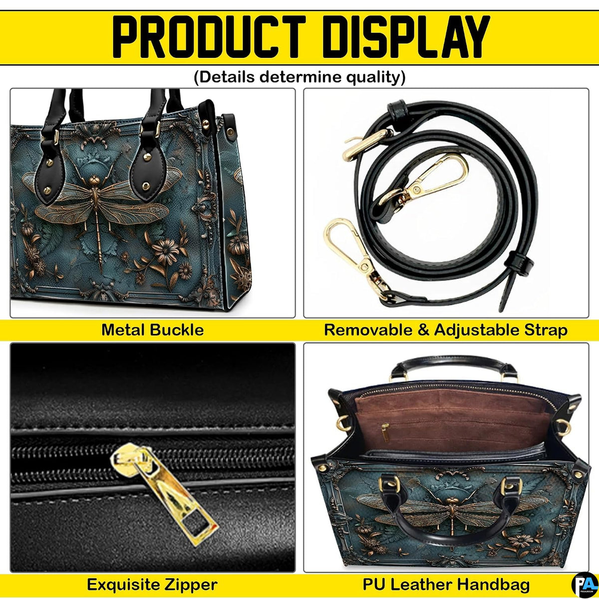 Interior view of bronze dragonfly handbag showing spacious main storage compartment with dark lining