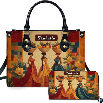 Front view of structured handbag showcasing three Black women with harvest fruit baskets and patchwork quilt framing.