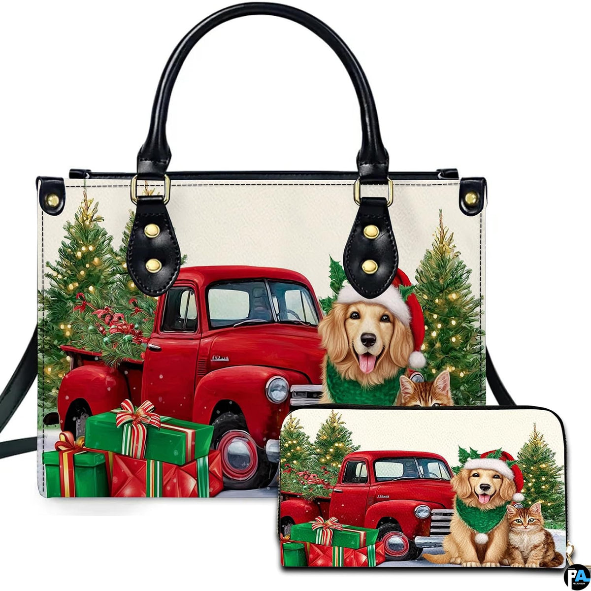 Front view of structured silhouette and matching accessory showcasing a red truck, golden retriever, and kitten.