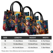 Sizing guide diagram displaying dimensions for the stained glass floral handbag