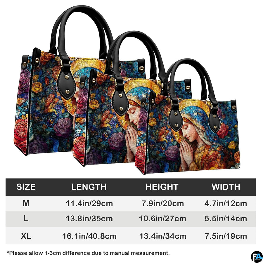 Sizing guide diagram displaying dimensions for the stained glass floral handbag